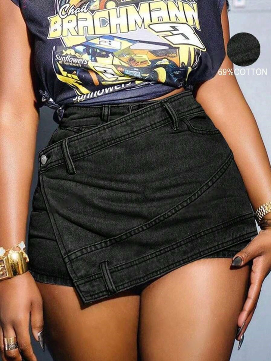 Asymmetric Hem A-Line Skinny Denim Skorts
